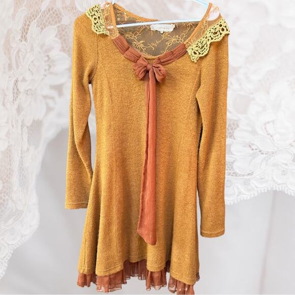 Anthropologie Gorgeous Orange Lace Bow midi Sweater Dress by a’reve Size S - Picture 1 of 8